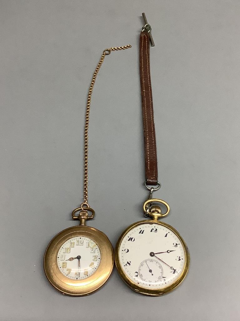 A continental 18ct gold open face keyless pocket watch, (a.f.) and a gold plated pocket watch.